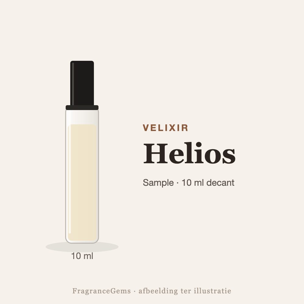 Velixir Helios sample – 10 ml decant in glazen sprayflesje